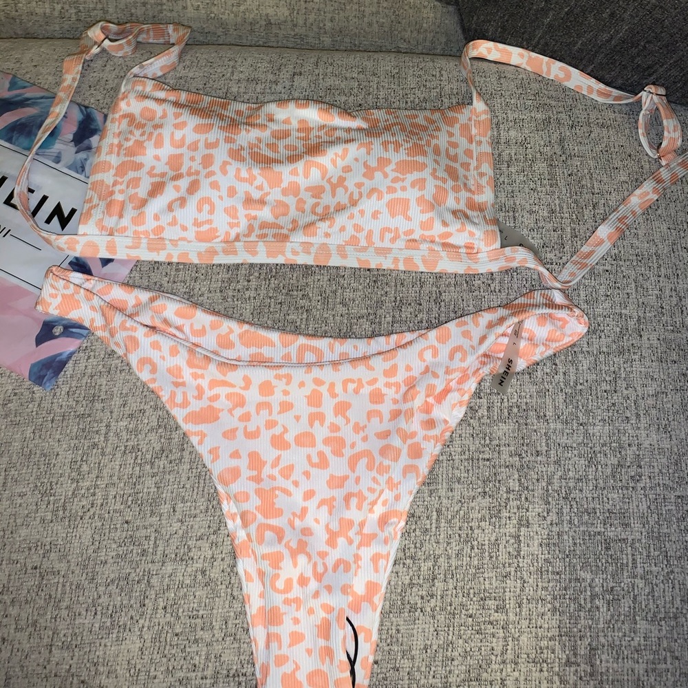 Leopard rib high cut bikini swimsuit